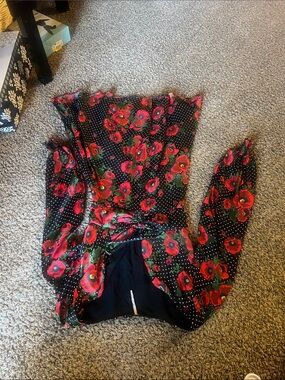 Floral Polka Dot Long-Sleeve Women’s Top - Red Floral on Black